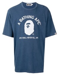 dunkelblaues und weißes bedrucktes T-Shirt mit einem Rundhalsausschnitt von A Bathing Ape