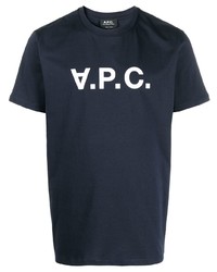 dunkelblaues und weißes bedrucktes T-Shirt mit einem Rundhalsausschnitt von A.P.C.