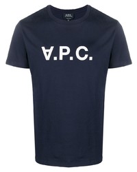 dunkelblaues und weißes bedrucktes T-Shirt mit einem Rundhalsausschnitt von A.P.C.