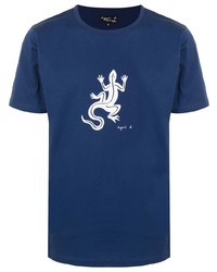 dunkelblaues und weißes bedrucktes T-Shirt mit einem Rundhalsausschnitt von agnès b.
