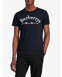 dunkelblaues und weißes bedrucktes T-Shirt mit einem Rundhalsausschnitt von Burberry