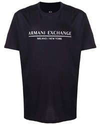 dunkelblaues und weißes bedrucktes T-Shirt mit einem Rundhalsausschnitt von Armani Exchange