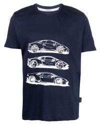 dunkelblaues und weißes bedrucktes T-Shirt mit einem Rundhalsausschnitt von Automobili Lamborghini