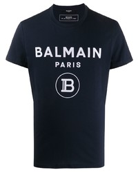dunkelblaues und weißes bedrucktes T-Shirt mit einem Rundhalsausschnitt von Balmain