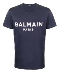 dunkelblaues und weißes bedrucktes T-Shirt mit einem Rundhalsausschnitt von Balmain