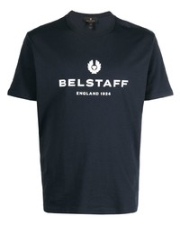 dunkelblaues und weißes bedrucktes T-Shirt mit einem Rundhalsausschnitt von Belstaff