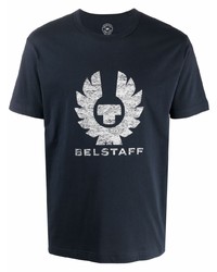 dunkelblaues und weißes bedrucktes T-Shirt mit einem Rundhalsausschnitt von Belstaff