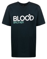 dunkelblaues und weißes bedrucktes T-Shirt mit einem Rundhalsausschnitt von Blood Brother