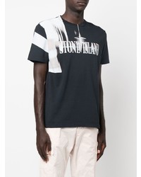 dunkelblaues und weißes bedrucktes T-Shirt mit einem Rundhalsausschnitt von Stone Island