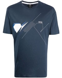 dunkelblaues und weißes bedrucktes T-Shirt mit einem Rundhalsausschnitt von BOSS HUGO BOSS