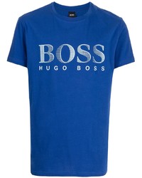 dunkelblaues und weißes bedrucktes T-Shirt mit einem Rundhalsausschnitt von BOSS