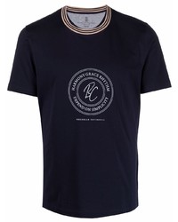 dunkelblaues und weißes bedrucktes T-Shirt mit einem Rundhalsausschnitt von Brunello Cucinelli