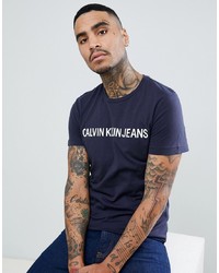 dunkelblaues und weißes bedrucktes T-Shirt mit einem Rundhalsausschnitt von Calvin Klein Jeans