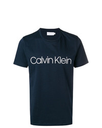 dunkelblaues und weißes bedrucktes T-Shirt mit einem Rundhalsausschnitt von Calvin Klein