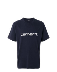 dunkelblaues und weißes bedrucktes T-Shirt mit einem Rundhalsausschnitt von Carhartt