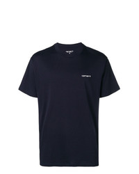 dunkelblaues und weißes bedrucktes T-Shirt mit einem Rundhalsausschnitt von Carhartt