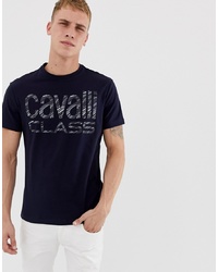 dunkelblaues und weißes bedrucktes T-Shirt mit einem Rundhalsausschnitt von Cavalli Class