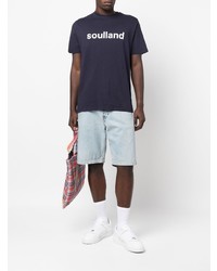 dunkelblaues und weißes bedrucktes T-Shirt mit einem Rundhalsausschnitt von Soulland