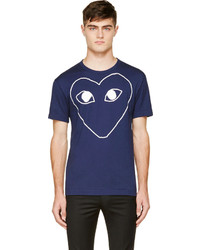 dunkelblaues und weißes bedrucktes T-Shirt mit einem Rundhalsausschnitt von Comme des Garcons