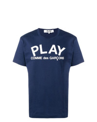 dunkelblaues und weißes bedrucktes T-Shirt mit einem Rundhalsausschnitt von Comme Des Garcons Play