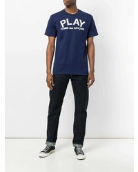 dunkelblaues und weißes bedrucktes T-Shirt mit einem Rundhalsausschnitt von Comme Des Garcons Play