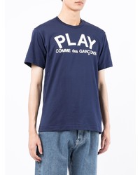 dunkelblaues und weißes bedrucktes T-Shirt mit einem Rundhalsausschnitt von Comme Des Garcons Play