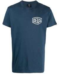 dunkelblaues und weißes bedrucktes T-Shirt mit einem Rundhalsausschnitt von Deus Ex Machina