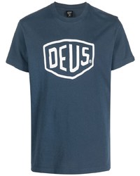 dunkelblaues und weißes bedrucktes T-Shirt mit einem Rundhalsausschnitt von Deus Ex Machina
