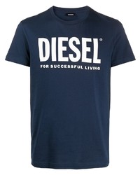 dunkelblaues und weißes bedrucktes T-Shirt mit einem Rundhalsausschnitt von Diesel