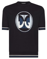 dunkelblaues und weißes bedrucktes T-Shirt mit einem Rundhalsausschnitt von Dolce & Gabbana