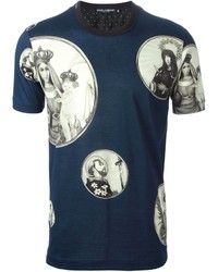 dunkelblaues und weißes bedrucktes T-Shirt mit einem Rundhalsausschnitt von Dolce & Gabbana