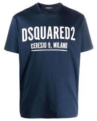 dunkelblaues und weißes bedrucktes T-Shirt mit einem Rundhalsausschnitt von DSQUARED2