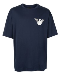 dunkelblaues und weißes bedrucktes T-Shirt mit einem Rundhalsausschnitt von Emporio Armani