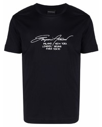 dunkelblaues und weißes bedrucktes T-Shirt mit einem Rundhalsausschnitt von Emporio Armani