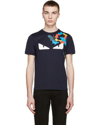 dunkelblaues und weißes bedrucktes T-Shirt mit einem Rundhalsausschnitt von Fendi