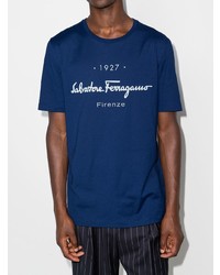 dunkelblaues und weißes bedrucktes T-Shirt mit einem Rundhalsausschnitt von Salvatore Ferragamo