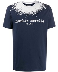 dunkelblaues und weißes bedrucktes T-Shirt mit einem Rundhalsausschnitt von Frankie Morello
