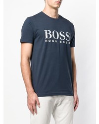 dunkelblaues und weißes bedrucktes T-Shirt mit einem Rundhalsausschnitt von BOSS HUGO BOSS