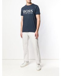 dunkelblaues und weißes bedrucktes T-Shirt mit einem Rundhalsausschnitt von BOSS HUGO BOSS