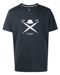 dunkelblaues und weißes bedrucktes T-Shirt mit einem Rundhalsausschnitt von Hackett