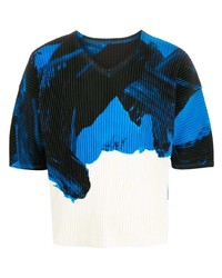 dunkelblaues und weißes bedrucktes T-Shirt mit einem Rundhalsausschnitt von Homme Plissé Issey Miyake