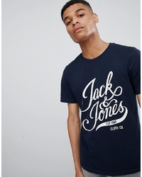 dunkelblaues und weißes bedrucktes T-Shirt mit einem Rundhalsausschnitt von Jack & Jones