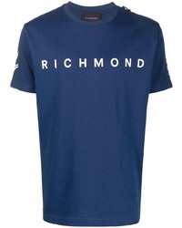 dunkelblaues und weißes bedrucktes T-Shirt mit einem Rundhalsausschnitt von John Richmond
