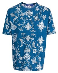 dunkelblaues und weißes bedrucktes T-Shirt mit einem Rundhalsausschnitt von Junya Watanabe