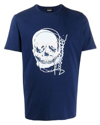 dunkelblaues und weißes bedrucktes T-Shirt mit einem Rundhalsausschnitt von Just Cavalli