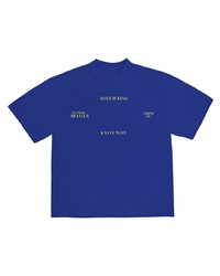 dunkelblaues und weißes bedrucktes T-Shirt mit einem Rundhalsausschnitt von Kanye West