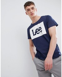 dunkelblaues und weißes bedrucktes T-Shirt mit einem Rundhalsausschnitt von Lee