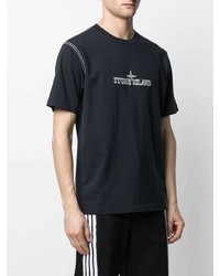 dunkelblaues und weißes bedrucktes T-Shirt mit einem Rundhalsausschnitt von Stone Island