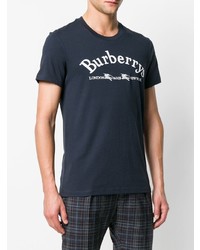 dunkelblaues und weißes bedrucktes T-Shirt mit einem Rundhalsausschnitt von Burberry