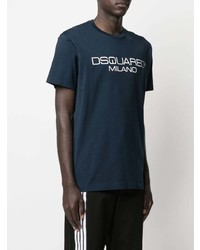 dunkelblaues und weißes bedrucktes T-Shirt mit einem Rundhalsausschnitt von DSQUARED2